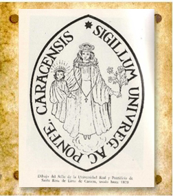Dibujo del sello de la Universidad Real y Pontificia de Caracas, utilizado hasta el año 1828.