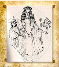 Imagen de Santa Rosa de Lima con el Niño Jesús que tiene el sello de la Real y Pontificia Universidad de Caracas dibujado por el pintor Sr. Guillermo Locatelli.