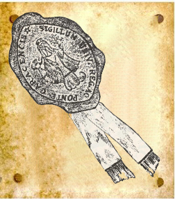 Sello de lacre rojo estampado en cinta de tela, de la Real y Pontificia de Caracas, encontrado por el doctor Mauro Paéz Pumar, en 1945.